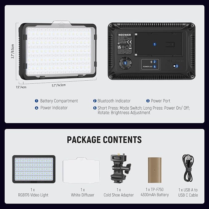 NEEWER RGB Video Light with 4000mAh NP-F750 Replacement Battery, APP Control 360° Full Color LED Camera Key Lighting CRI95+ Dimmable for Studio DSLR Camcorder Photography Recording Streaming, RGB176 - Image 9