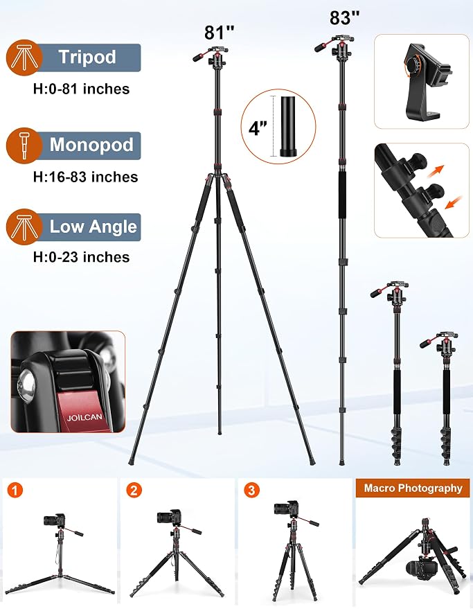 83" Camera Tripod, Aluminum Tripod Monopod for DSLR Phone | Heavy Duty Travel Tripod for Spotting Scope Binoculars Telescope Camcorder, 360° Ball Head, Max Load 35Lb - Image 8