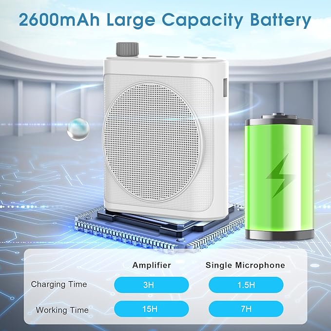 15W Wireless Voice Amplifier with 2 Magnetic Lavalier Mics & Noise Reduction - Bluetooth 5.3 PA System for Teachers, Tour Guide, Yoga - 15H Rechargeable Battery, Waist-Mount Design (White) - Image 6