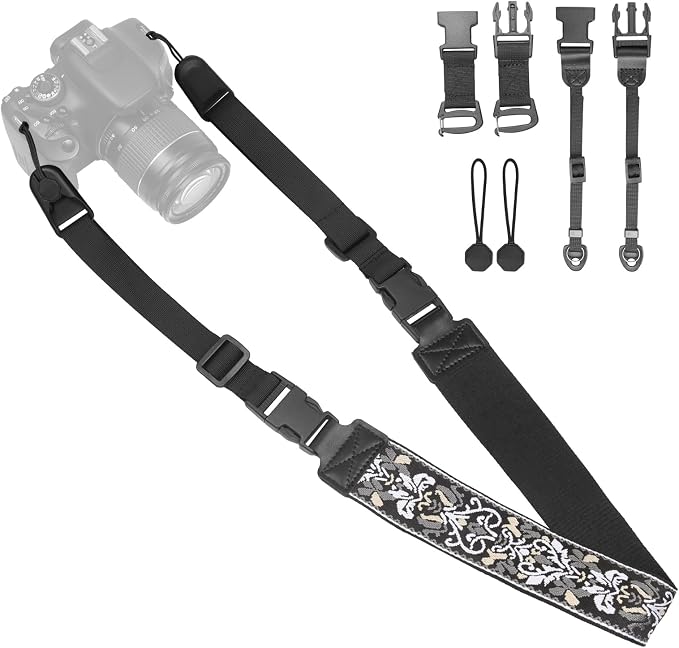 Adjustable Camera Neck Strap, Vintage Embroidered Shoulder & Crossbody Camera Strap with 4 Connection Ways, Anti-Slip Camera Strap for DSLR, Mirrorless & Camcorder, Travel & Outdoor Photography Gear by YFWE