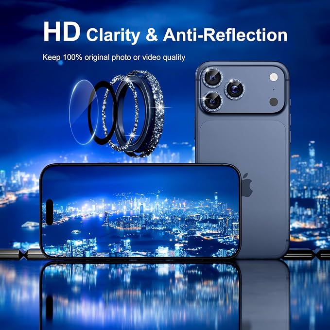 Misea Camera Lens Protector for iPhone 17 Pro Max/17 Pro, Deep Blue Glitter | Bling Upgraded Look, 9H Tempered Glass Individual Metal Camera Cover, Anti-Scratch, for iPhone 17/16/15/14 Pro Max/Pro - Image 4