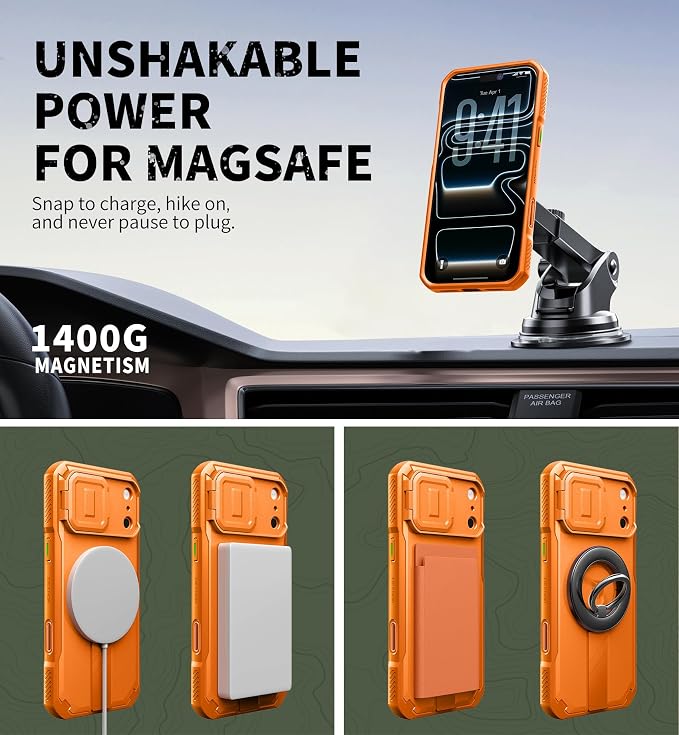 Dexnor for iPhone 17 Pro Max Case, [Built-in Flip Camera Cover & Camera Control Cover & Kickstand], Compatible with MagSafe, Heavy-Duty Rugged Shockproof Magnetic Phone Cover, 6.9 inch Orange - Image 7