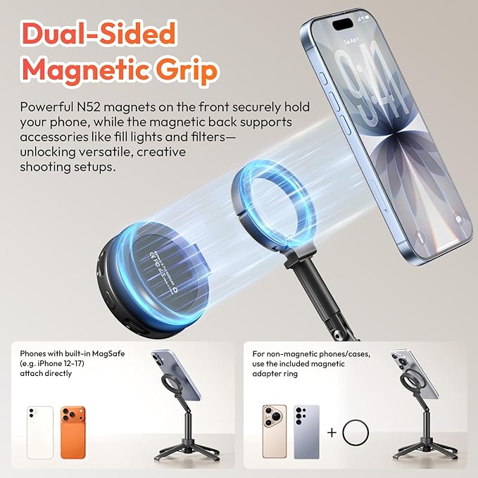 ULANZI MT71 Mini Magnetic Selfie Stick Tripod, Foldable & Lightweight, 180° Tilt, Compatible with iPhone 17-12 Series, with Adhesive Magnetic Ring for Desktop Shooting/Vlog/Selfie - Image 3