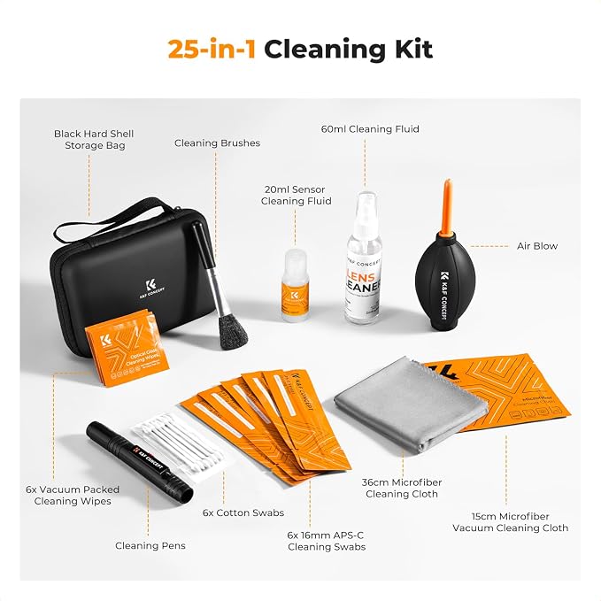 K&F CONCEPT 25 in 1 Camera Pro Cleaning Kit, APS-C Lens and Sensor Cleaner | 16mm Vac-Sealed Swabs,Lens Pen,60 and 20ML Lens Cleaner,Cloth,Blower,Hard Case, for Canon Nikon Sony DSLR Mirrorless,MK03 - Image 2