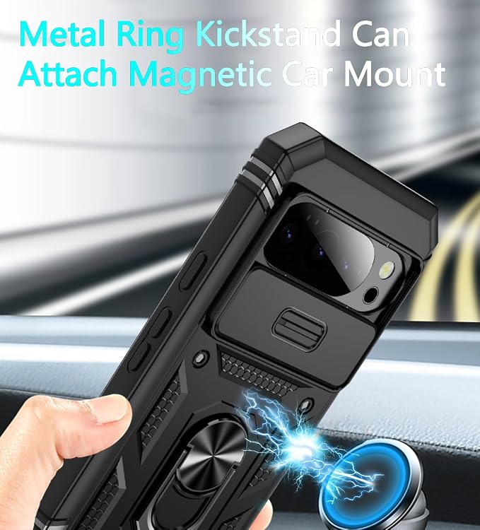 Case for Google Pixel 10 Pro XL/Pixel 9 Pro XL, with 3 Pcs Tempered Glass Screen Protector Built in Ring Stand Kickstand + Camera Cover, Hard PC Soft TPU Defender Full Body Protective Case - Black - Image 4