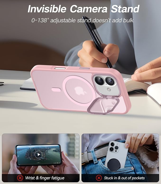 VOFATA [Upgraded Full Camera Protection] for iPhone 17 Case with Camera Cover Stand [Fit for MagSafe][10FT Mil-Grade Protection] Translucent Magnetic iPhone 17 Phone Case, Pink - Image 4