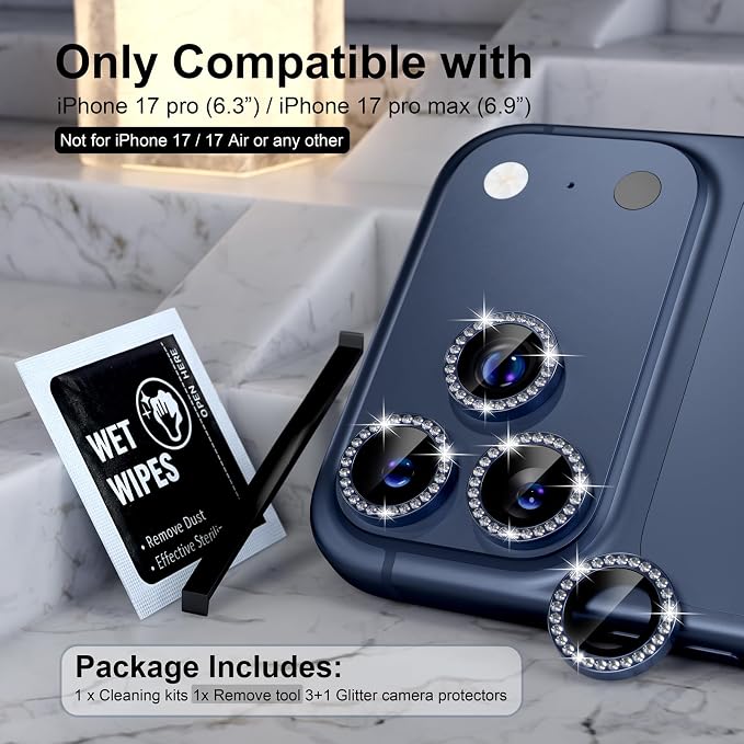 Choiche for iPhone 17 Pro/iPhone 17 Pro Max Camera Lens Protector | Ultra HD, Bling 9H Tempered Glass Camera Cover Screen Protector Metal Ring Decoration Accessories (Diamond-Blue) - Image 2