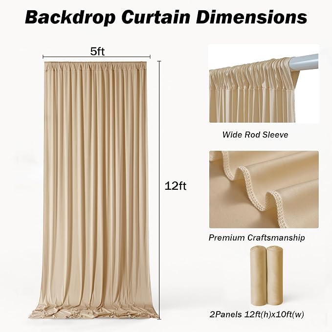 10x12 ft Champagne Backdrop Curtains for Weddings, Birthdays and Photos | 2 Panels 5x12 ft, Wrinkle-Free Polyester Drapes, Washable, Ironable, 4 in Rod Pocket for Baby Showers Photography Background - Image 5