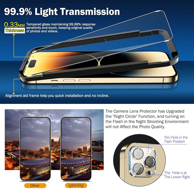 QHOHQ 3 Pack Screen Protector for iPhone 14 Pro 6.1 Inch with 3 Pack Tempered Glass Camera Lens Protector, Ultra HD, 9H Hardness, Scratch Resistant, Case Friendly - Image 2