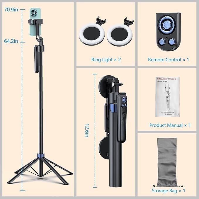 Smart Face Tracking Tripod Selfie Stick with LED Light, 360° Rotating 70" Phone Camera Stand with Bluetooth Remote, Perfect for Video Recording, Live Broadcast, and Social Media Content - Image 3