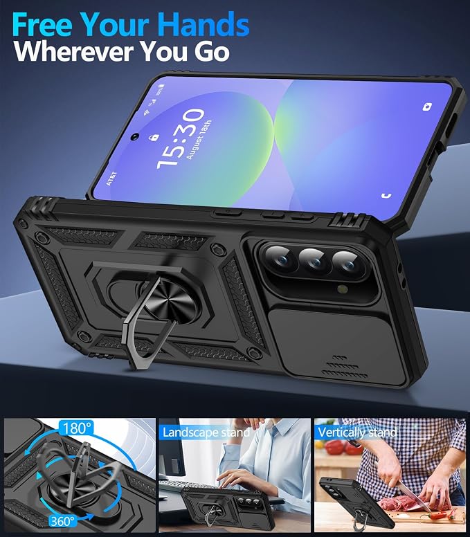 Taisairu for Samsung Galaxy A37 Case/A36 Case with Screen Protector & Slide Camera Lens Cover, Built-in Ring Stand Shockproof Protective Case for Samsung A37 5G Case/Samsung A36 5G Case (Black) - Image 3