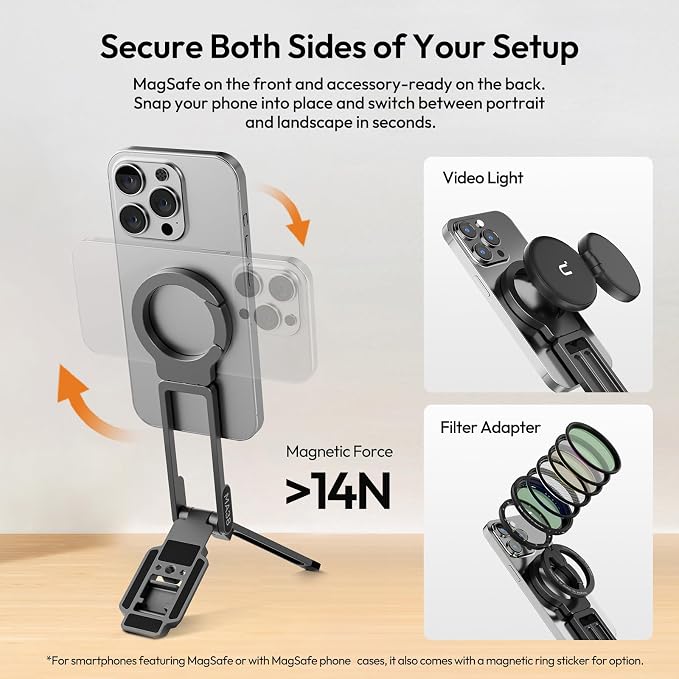ULANZI MA38 Magnetic Phone Tripod for iPhone, Phone Holder for iPhone 17 | N52 Magnet, Back Magnet Base, Arca QR Base, Foldable Hook w 1/4'' Screw for Tripod Selfie Gym Travel Essentials Accessories - Image 3