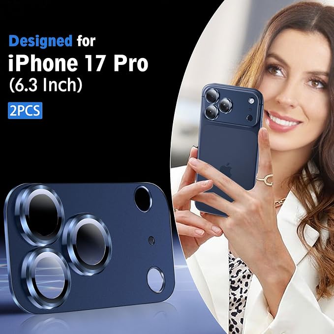 SiHPuoy 2pcs Camera Lens Protector for iPhone 17 Pro, Tempered Glass, Blue | 9H+ Hardness, Military Grade Shatterproof, Anti-Scratch, Case Friendly, HD Metal Camera Cover, Does not Affect Night Shots - Image 2
