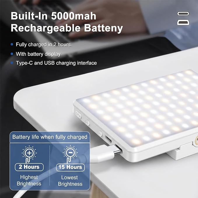 Selfie Light, Phone Light with Front & Back Clip, 60 LED Portable Light with 3 Modes, 5000mAh Rechargeable Video Light for Phone, iPhone, IPad, Laptop, TikTok, Makeup, Lighting Monolights(White) - Image 5