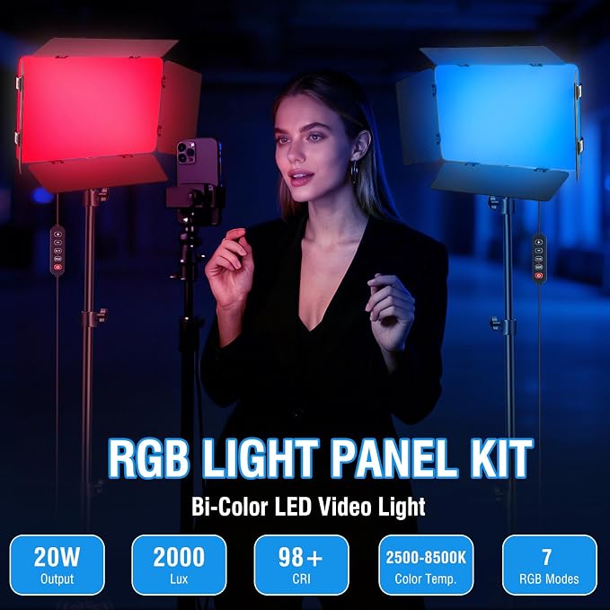 2-Pack LED Video Light Kit with 63'' Tripod Stand, Icceue 2500K-8500K Dimmable Studio Photography Panel Lighting for Video Recording Game Live Streaming Podcast YouTube Filming (2 Pack RGB) - Image 5