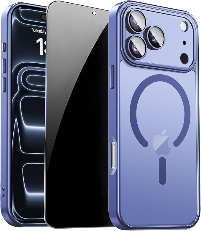 Magnetic for iPhone 17 Pro Max Case, Shockproof Cover, Light Blue | Full Camera Protector, with Privacy Screen Protector, Compatible with MagSafe, Translucent Matte, Military-Grade Protection by ZOZDOKG