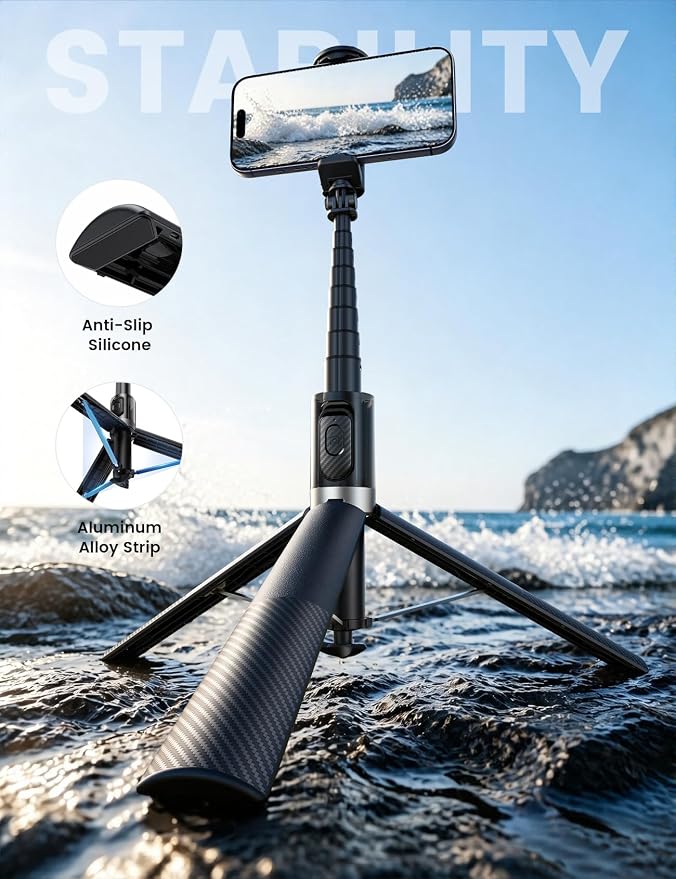 Lamicall 65" Tripod for iPhone 0.77lb Selfie Stick with Remote & Cold Shoe | Auto Open Phone Tripod Ultra-Stable Phone Stand for Recording for Travel Live Stream Vlog fit iPhone 17 Pro Max Android-Black - Image 3