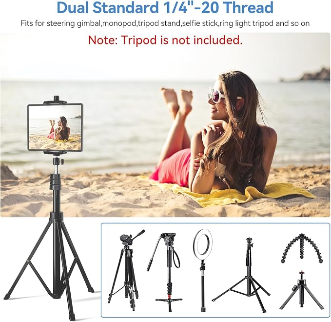 KDD iPad and Phone Tripod Mount Adapter with Ball Head, iPad Holder for Tripod, 360 Rotatable Tablet Clamp Mount fits iPad Pro 12.9, Air Mini 3 4, Galaxy Tab, Surface Pro, Selfie Stick(5.3-10.6") - Image 4