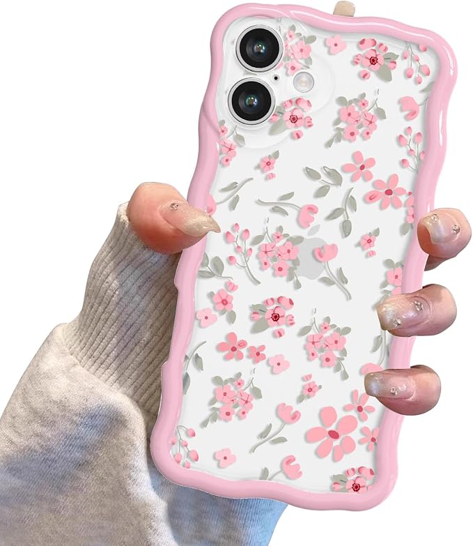 QLTYPRI for iPhone 17 Pink Flower Case, Clear Cute Pink Floral Flower Phone Case Curly Wavy Aesthetic Phone Cover, Soft Slim Transparent TPU Shockproof Protective Cover for Women Girls - Pink - Image 7