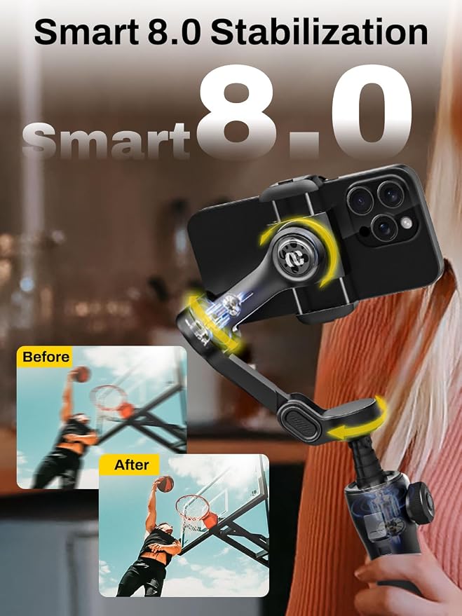 AOCHUAN 3-Axis Gimbal Stabilizer for iPhone, Smartphone Gimbal w/7.8" Extension Rod, OLED Display, Phone Stabilizer w/Face Tracking, Gesture Control, Video Record for iPhone & Android - Smart V8 Black - Image 2