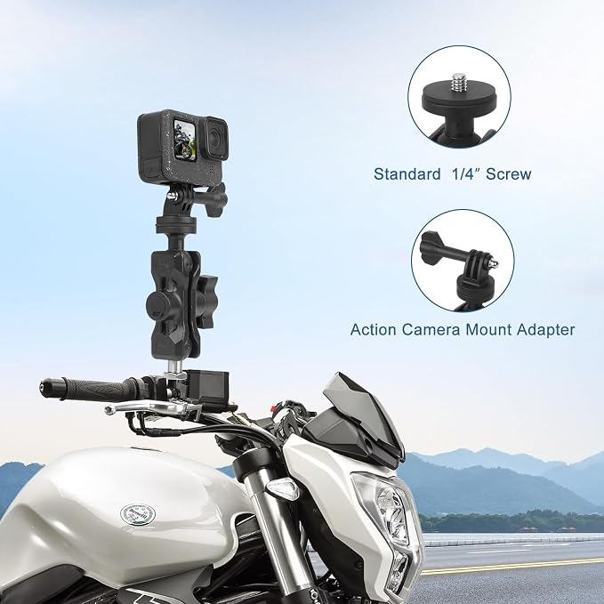 Camera Mount with 360°Dual Ball Head, Motorcycle Handlebar Mounting Bundle Kit for lnsta360 X5/X4/Gopr0 DJl Action 5/, 1/4"-20 & Tripod Adapter, Action Camera Mount Adapter for M10 Hole Base,75019 - Image 2