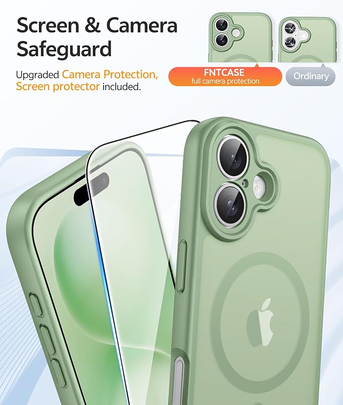 FNTCASE for iPhone 16 Plus Case, Fit for Magsafe, Screen Protector | Full Camera Protection, Translucent Matte, 14FT Military Grade Drop Proof, Shockproof Protective Phone Cover，Light Moss - Image 4