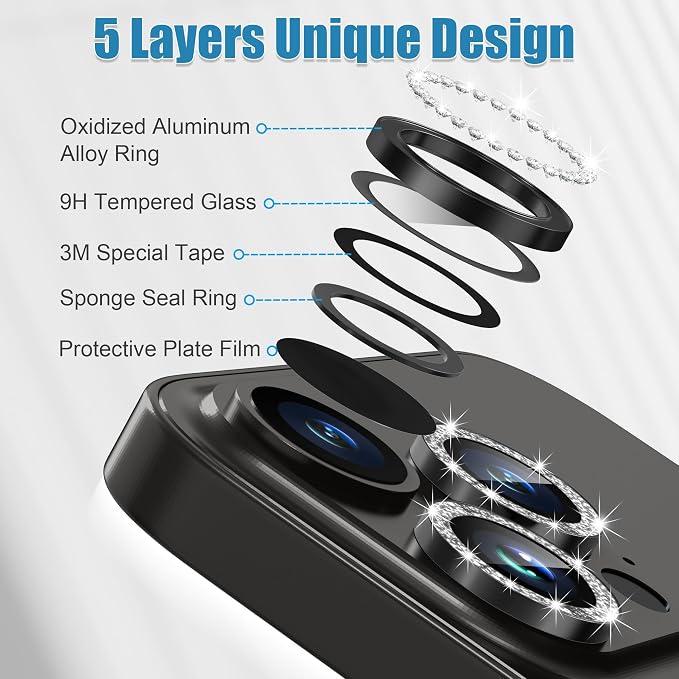 AGVEE 3+3 6 Pack for iPhone 15 Pro & Max Camera Lens Protector Cover | Individual Bling Diamond & Bling Glitter Sparkle Cute Gem Metal Ring, 9H Tempered HD Glass - Image 7