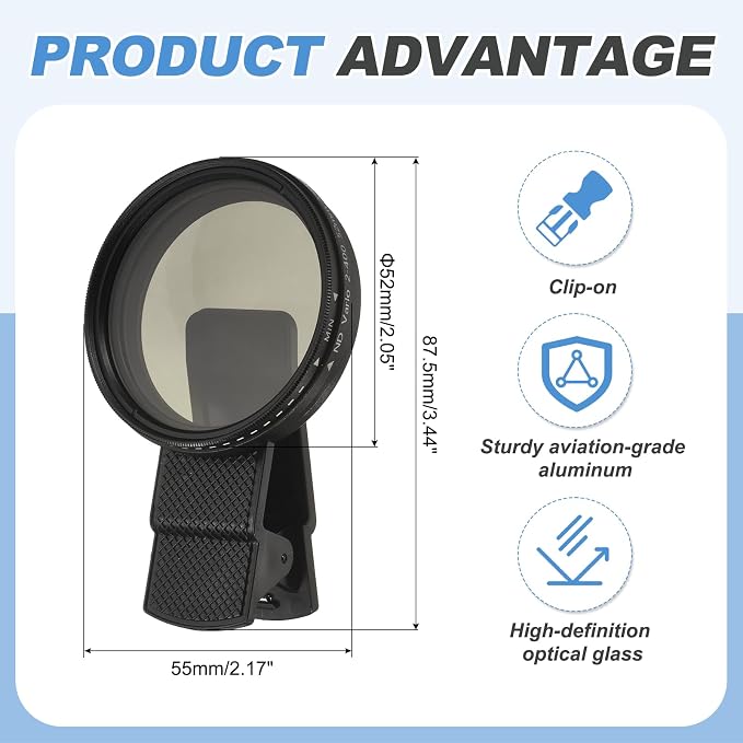 PATIKIL 52mm Phone Camera Lens, Clip-On ND2-400 Filter Circular Polarizing Lens for Most Smart Phones and DSLR Cameras, Black - Image 2