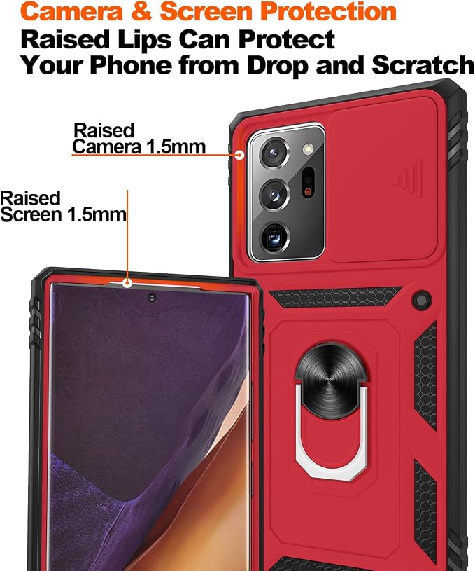 for Samsung Galaxy Note 20 Ultra Case with 2PCS Screen Protector, Build in 360° Rotating Ring Kickstand, Military Grade Protective Case for Note 20 Ultra Phone, Red+Black - Image 5