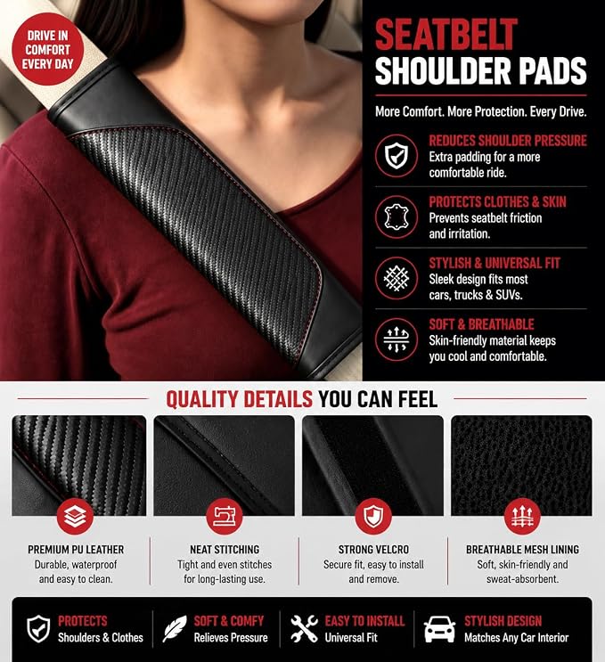 Carbon Fiber PU Leather Seat Belt Covers - 2Pcs, Black with Red Stitching Sporty Seat Belt Pads, Universal Fit - Image 3