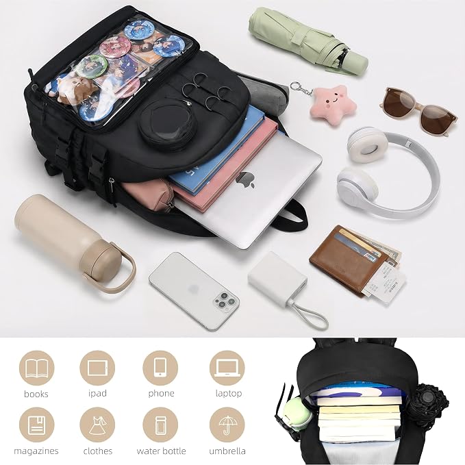 Ita Bag Backpack with Insert - Kawaii Pin Display Clear Window Bookbag, Y2K Aesthetic Laptop Backpack for Anime Cosplay School, Fits 15.6" Laptop, Black - Image 3