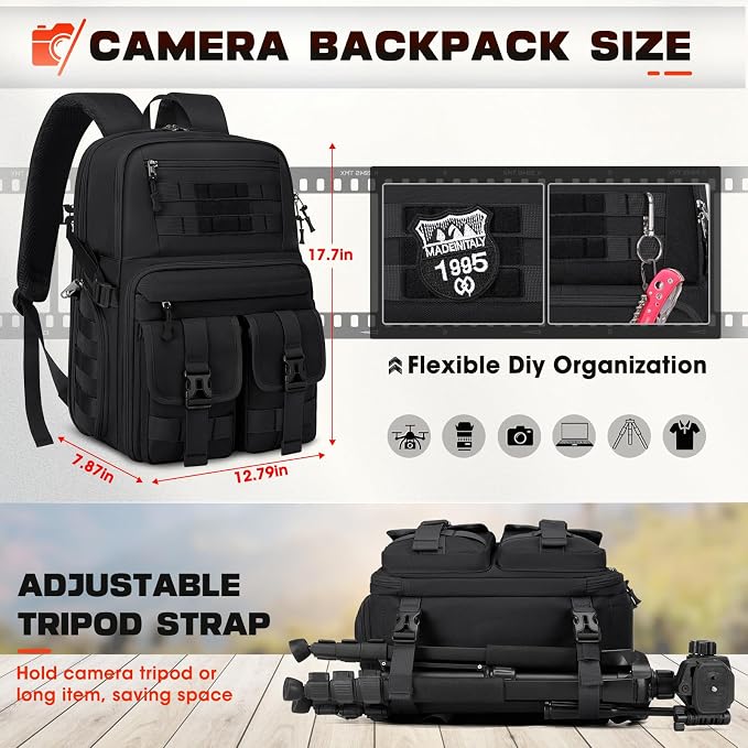 RAINSMORE Camera Backpack, DSLR/SLR/Mirrorless Camera Bag for Photographers | 15.6 Inch, Waterproof Tactical Photography Backpack Case, with Rain Cover & Tripod Holder - Image 5