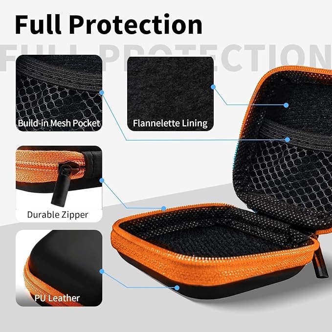 1 Pack Square Earbud Case Storage Bag with Carabiner, Orange | Portable EVA Carrying Case, For Wired/Wireless Headphones, SD Card Storage, Camera Chip - Image 4