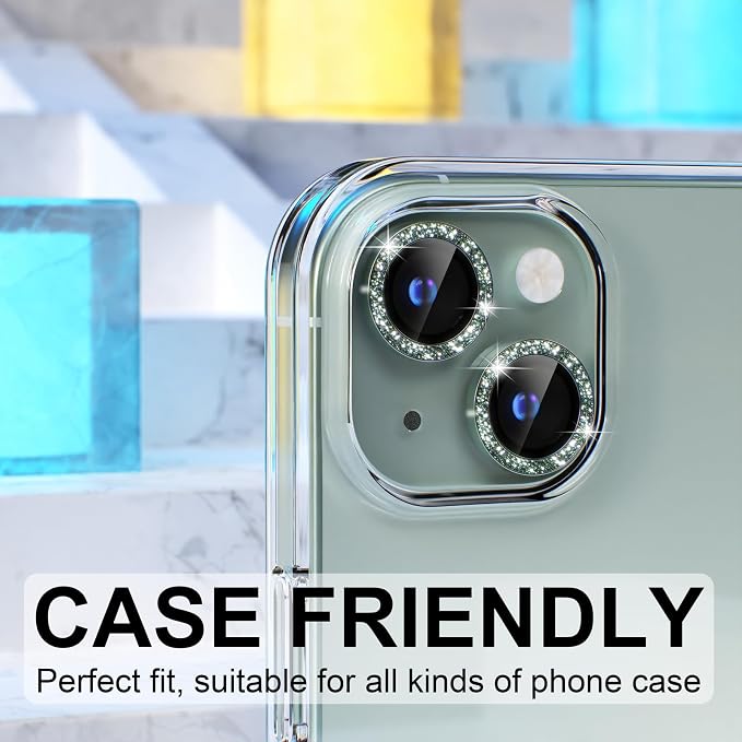Choiche for iPhone 15/15 Plus Camera Lens Protector Bling, Glitter-Green | Ultra HD, 9H Tempered Glass Camera Cover Screen Protector Metal Individual Ring Decoration Accessories, 2-Lens, 6.1/6.7-inch - Image 4