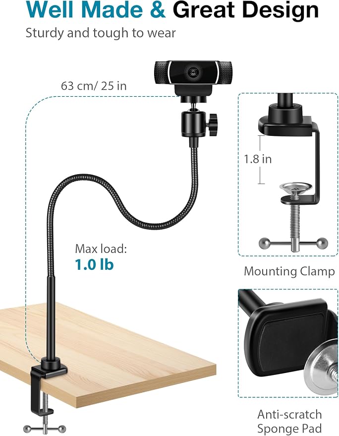 InnoGear Webcam Stand Gooseneck Camera Arm Stands Desk Mount Phone Holder | for Logitech Webcam BRIO 4K C960 C920 C920S C922 C922x C925e C930 C930e C615 NexiGo N60, Quick Setup, Eye Level Positioning - Image 3