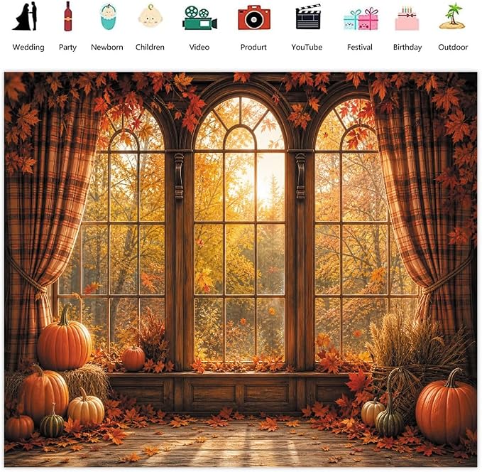Autumn Fall Window Backdrop 10x8ft Rustic Wooden Arched Window with Pumpkin Maple Leaves Thanksgiving Harvest Photo Background for Party Decor Portrait Photography Booth Props Vinyl - Image 2