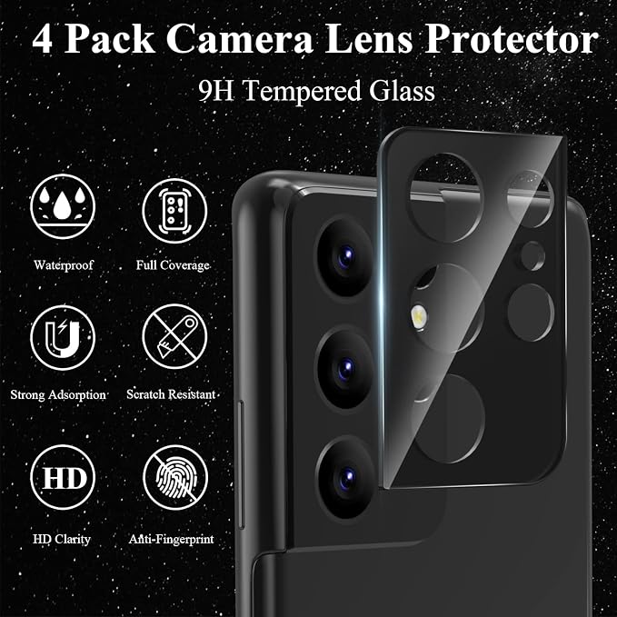 4 Pack Camera Lens Protector for Samsung Galaxy S21 Ultra | 9H Tempered Glass Camera Screen Protector, Bubble Free, Scratch-Resistant, Case Friendly, High Definition - Image 3