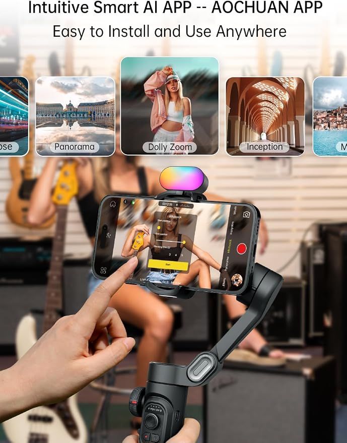 AOCHUAN Gimbal Stabilizer for Smartphone w/Gesture Control, XE Kit | Foldable handheld gimbal w/face tracking, magnetic fill light for TikTok, YouTube vlog and smartphone video recording - Image 5