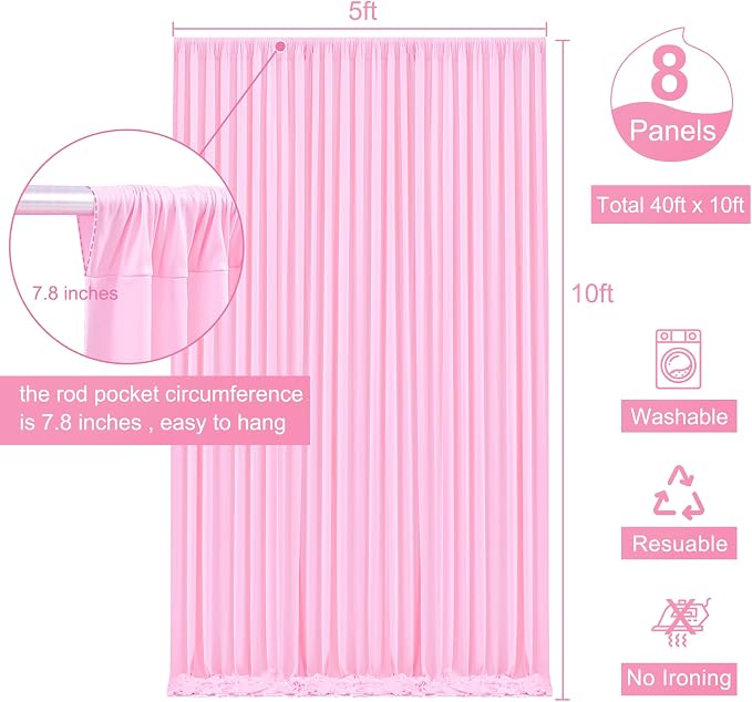 8 Panels Pink Backdrop Curtain for Parties Baby Shower Wrinkle Free Pink Photo Curtains Backdrop Drapes Fabric Decoration for Wedding Birthday Party 40ft(W) x 10ft(H) - Image 5