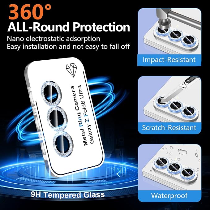 for Samsung Galaxy Z Fold 8 Ultra Camera Lens Protector, Individual Metal Ring Tempered Glass Lens Cover, [Strong Adsorption] Scratch Resistant Ultra-Thin HD Clear Lens Cover, 1 Set-Blue Diamond - Image 2