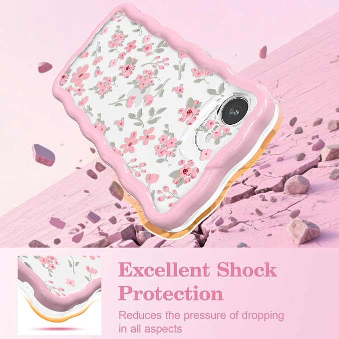 QLTYPRI for iPhone 17e/16e Pink Flower Case, Clear Cute Pink Floral Flower Phone Case Curly Wavy Aesthetic Phone Cover, Soft Slim Transparent TPU Shockproof Protective Cover for Women Girls - Pink - Image 4