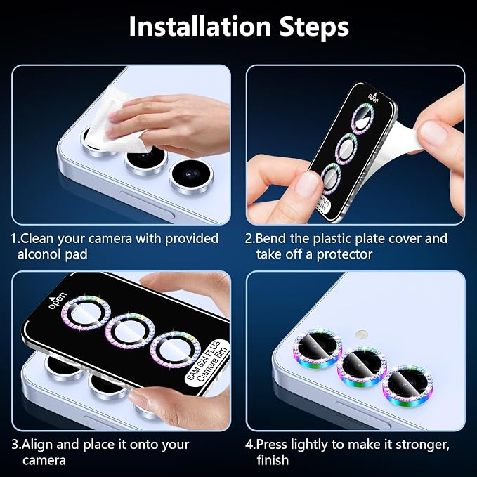 for Samsung Galaxy S24 Plus Camera Lens Protector, Individual Metal Ring Tempered Glass Lens Cover, [Strong Adsorption] Scratch Resistant Ultra-Thin HD Clear Lens Cover, 1 Set-Colorful Diamond - Image 6