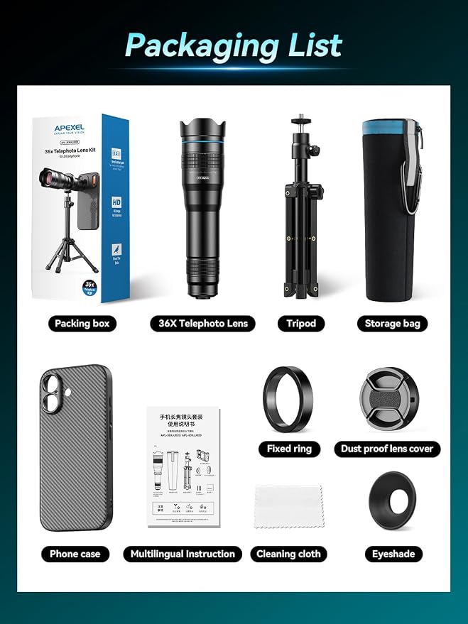 APEXEL 36x Telephoto Lens Compatible with iPhone 17 | Photography for Travel, Birdwatching, Exploration | Kit with Sturdy Metal Tripod and Threaded Phone Case - Image 6