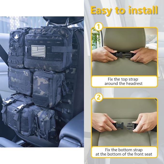 Universal Tactical Car Seat Back Organizer Bag Tactical Molle Vehicle Organizers Panel Vehicle Protector Organizers with 5 Detachable Pouches for Car Truck Ford Jeep (Upgraded C model Black camo) - Image 3