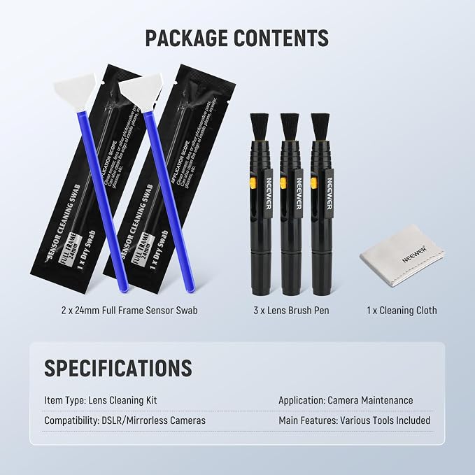 NEEWER 6 in 1 Camera Lens Cleaning Kit for Electronics, Phones, Tablets, 3X Double Head Lens Brush Pen + 2X 24mm Full Frame Sensor Swab + 1x Cleaning Cloth, HM-48 - Image 8