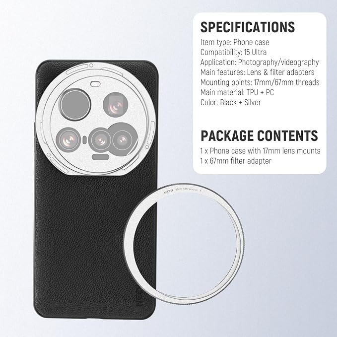 NEEWER 15 Ultra Case, Protective Phone Case Compatible with Xiaomi 15 Ultra, Heavy Duty TPU + PC Faux Leather with 17mm Lens Mounts & 67mm Filter Adapter for Wireless Charging, PA101 Black + Silver - Image 8
