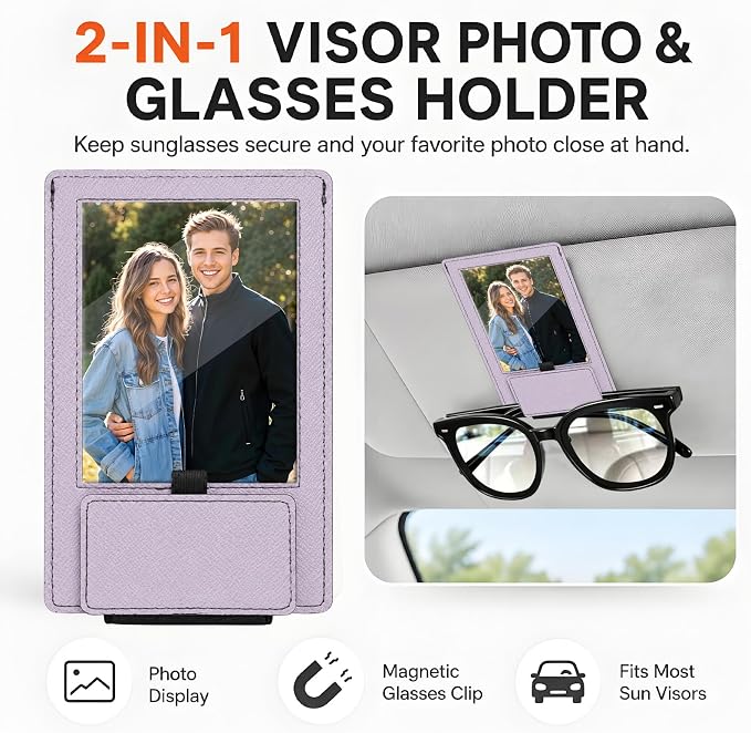 2-in-1 Car Visor Sunglasses & Photo Holder, Magnetic PU Leather Glasses Clip with Picture Display Slot, Universal Sun Visor Organizer for Eyeglasses, Personalized Cards & Memories, Lavender - Image 3