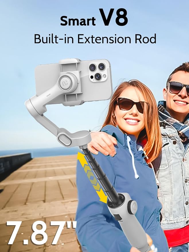 AOCHUAN Gimbal Stabilizer for iPhone w/Extension Rod,Face Tracking(SmartV8) | Phone Gimbal for iPhone with Built-in 7.8Ft Extension Rod, Full-Screen Oled Display, Ideal for Tiktok Recording(White) - Image 3
