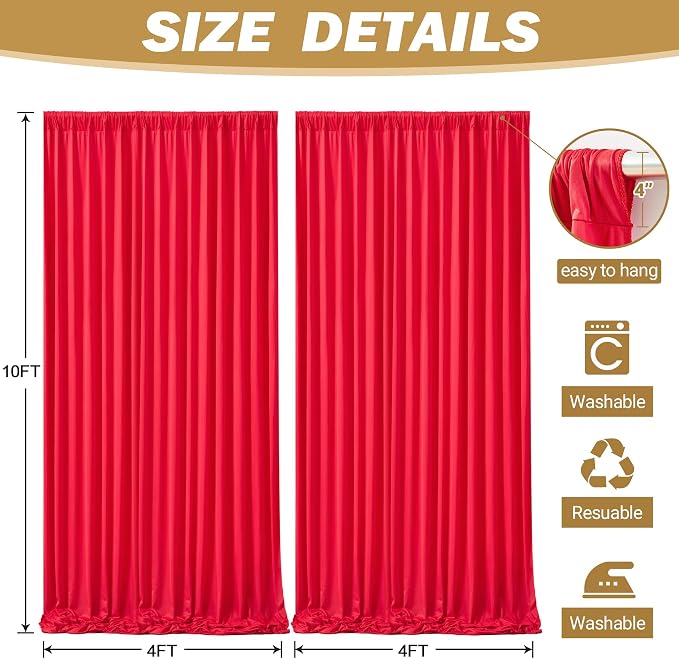 8ftx10ft Wrinkle Free Red Backdrop Curtain - 10 Feet Photography Backdrop Drapes, Silky Polyester Back Drop Cloth for Wedding Baby Shower Balloon Arch Background - Image 6