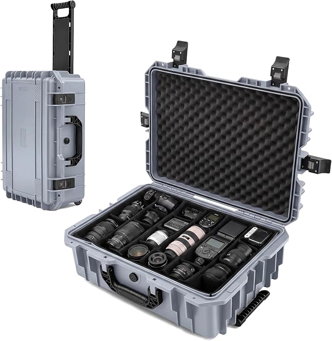 Relaxweex Rolling Camera Hard Case with 24 Padded Dividers & Wheels | Impact-resistant, Protective, Waterproof, Hard Shell Travel Case for Cameras, Lenses & Accessories, 26 x 20 x 10 Inch, Gray by Relaxweex